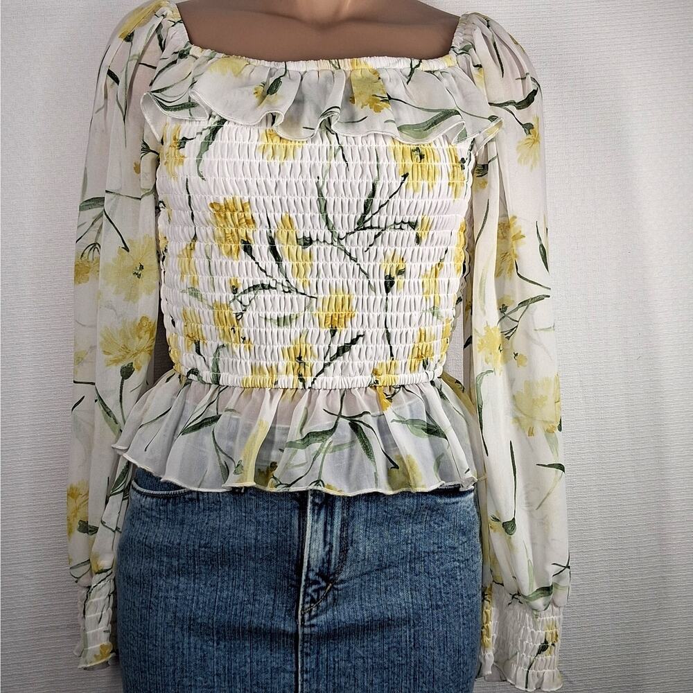 Love & Piece Collective Top Womens Large Smocked Ruffle Milkmaid Cottage Stretch